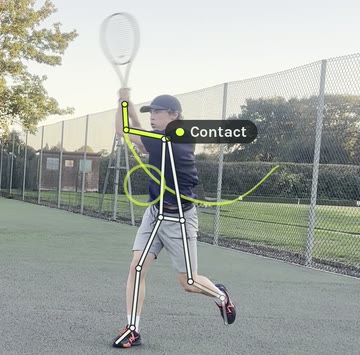 Shot 3 at contact: the player mid-forehand with the tracked skeleton drawn on